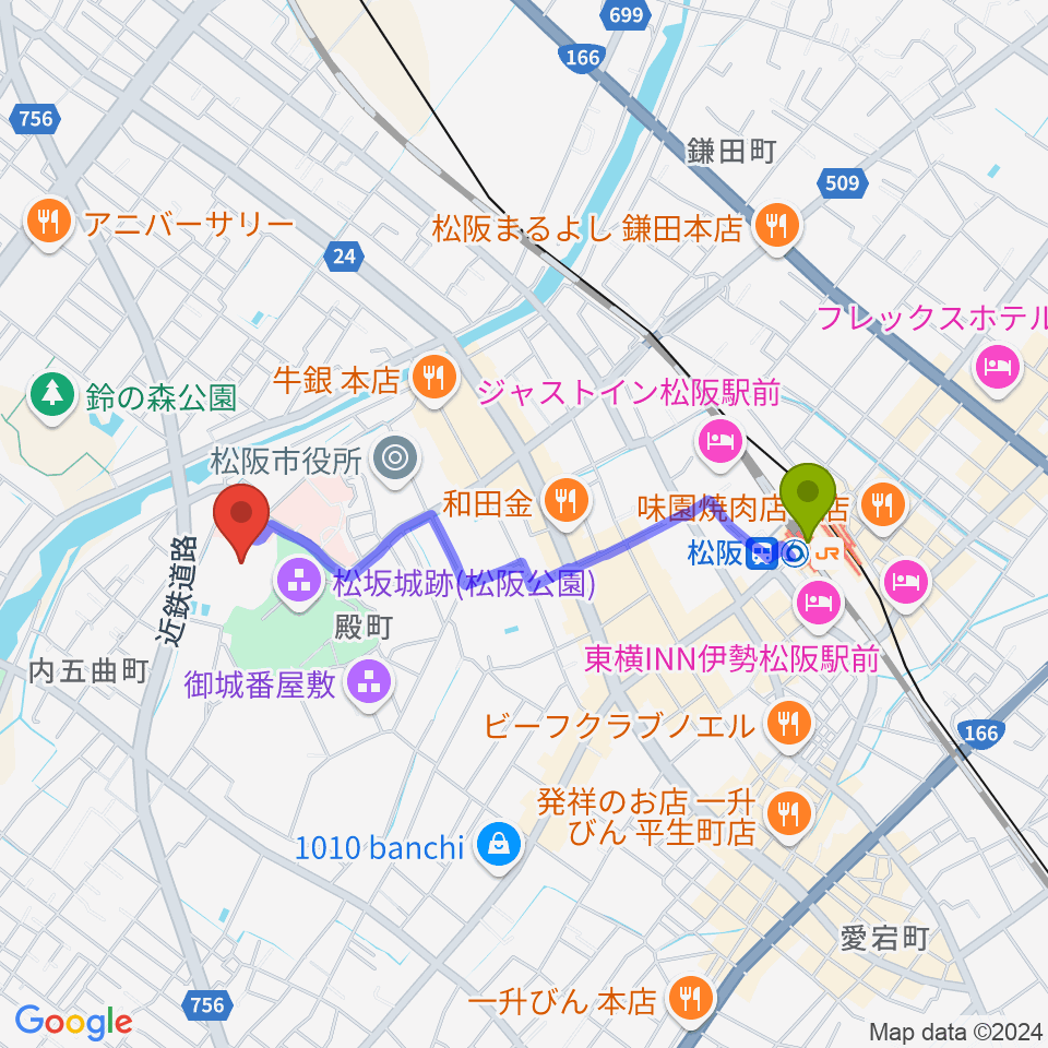 竹輝銅庵モーモースタジアムの最寄駅松阪駅からの徒歩ルート（約17分）地図