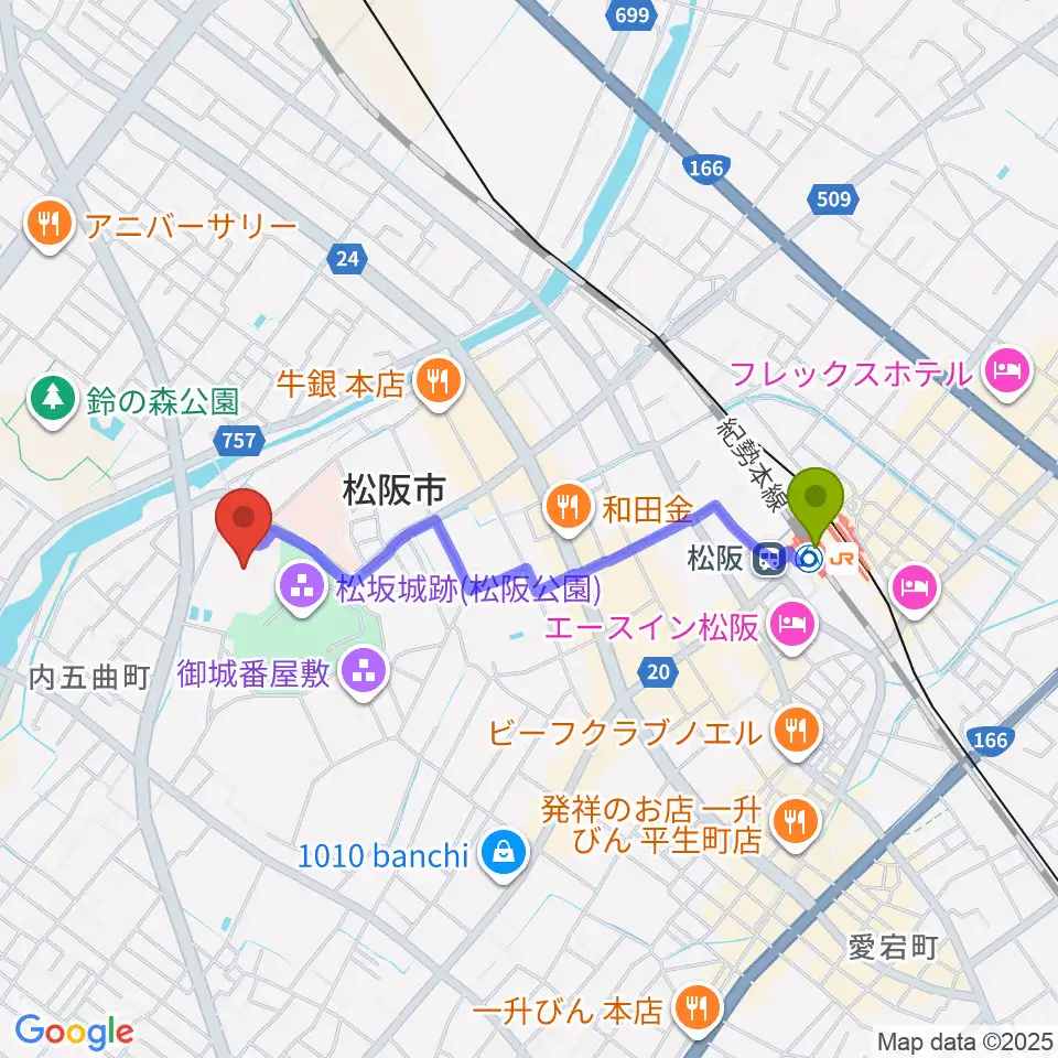 竹輝銅庵モーモースタジアムの最寄駅松阪駅からの徒歩ルート（約17分）地図