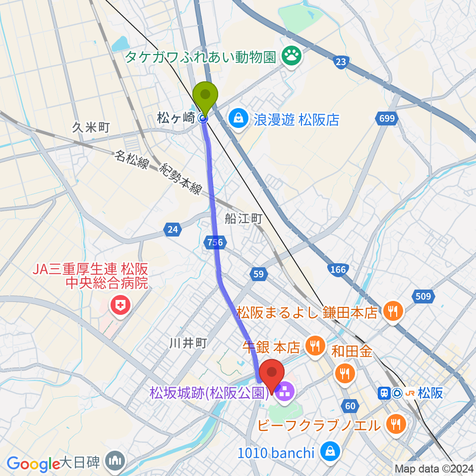 松ヶ崎駅から竹輝銅庵モーモースタジアムへのルートマップ地図