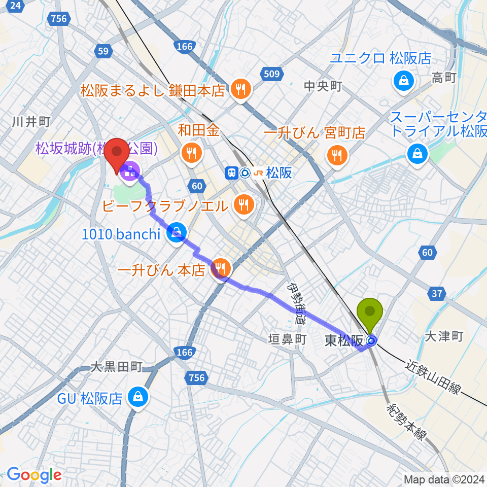 東松阪駅から竹輝銅庵モーモースタジアムへのルートマップ地図