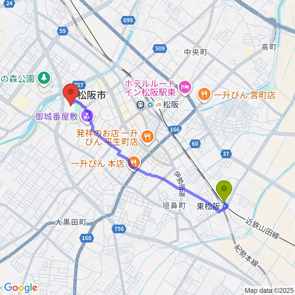 東松阪駅から竹輝銅庵モーモースタジアムへのルートマップ地図