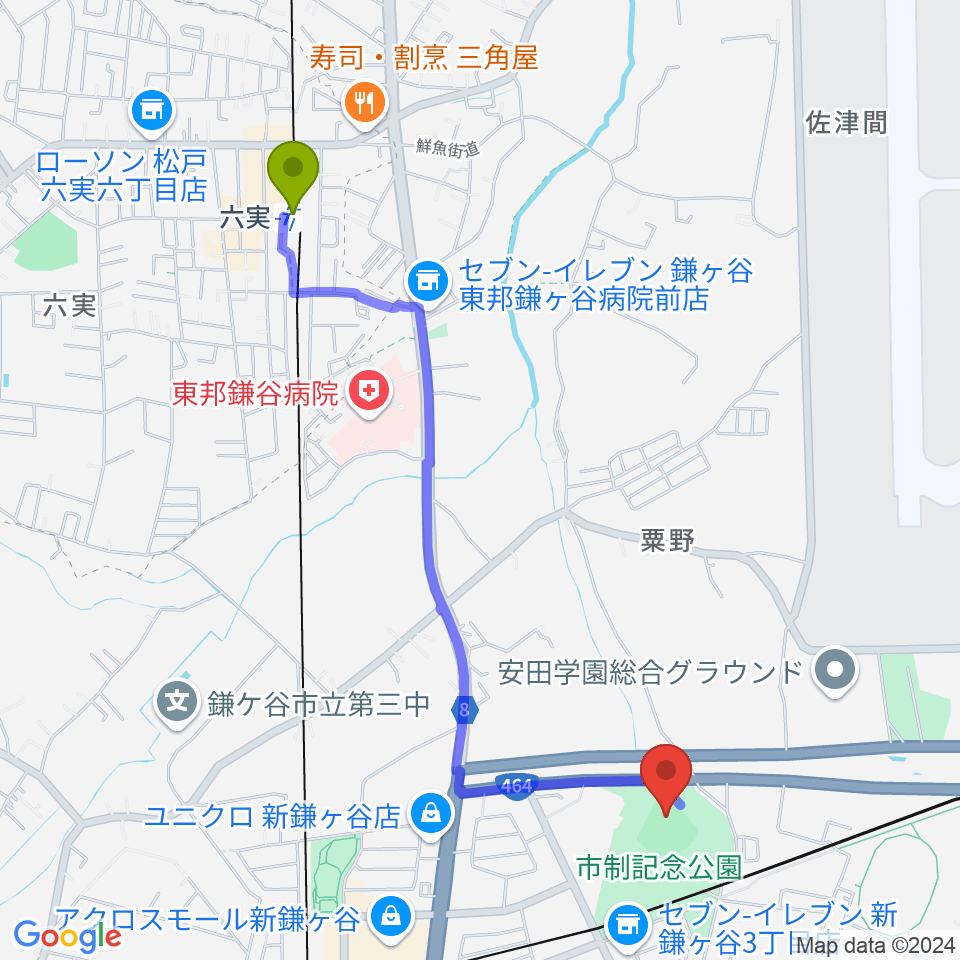 六実駅から福太郎野球場へのルートマップ地図