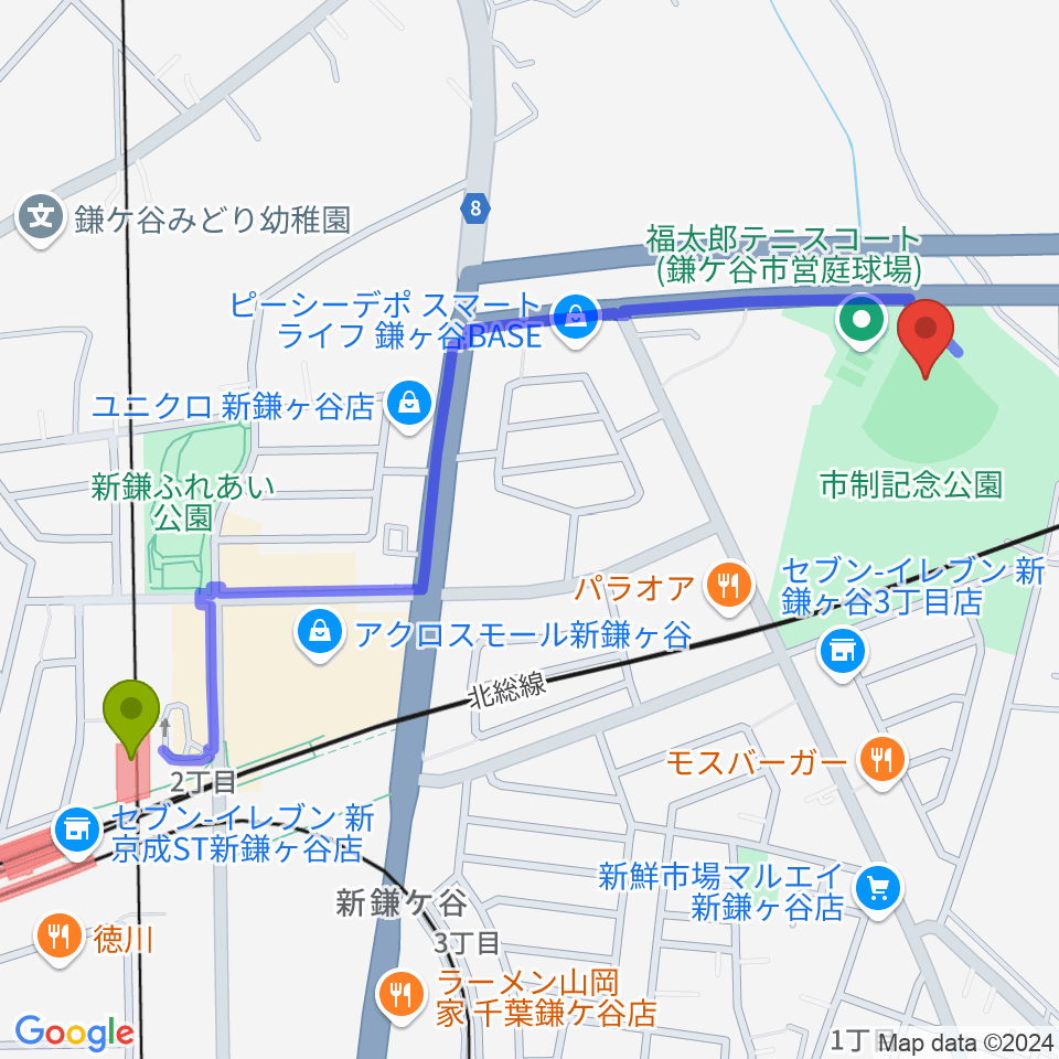 福太郎野球場の最寄駅新鎌ヶ谷駅からの徒歩ルート（約13分）地図