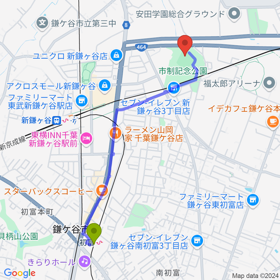 初富駅から福太郎野球場へのルートマップ地図