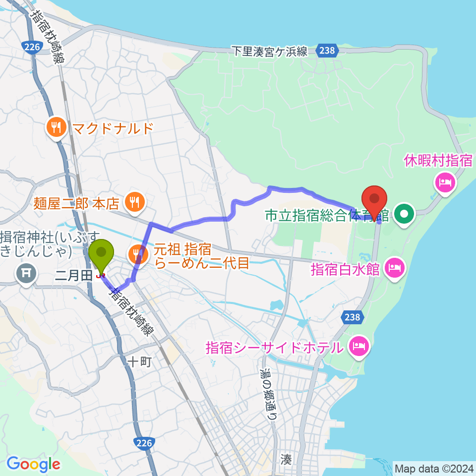 新川床マリン球場の最寄駅二月田駅からの徒歩ルート（約38分）地図