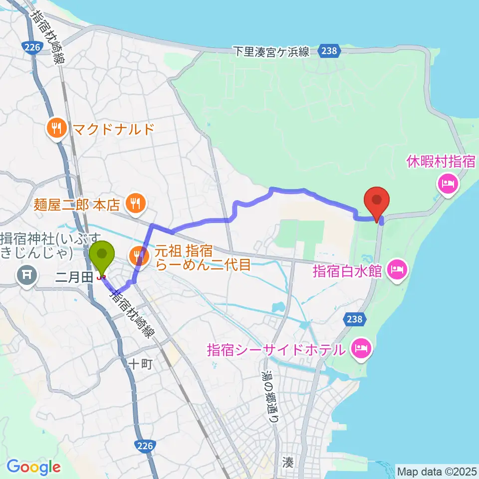 新川床マリン球場の最寄駅二月田駅からの徒歩ルート（約38分）地図