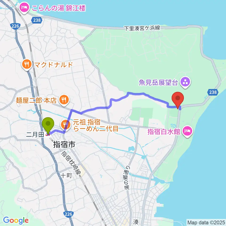 新川床マリン球場の最寄駅二月田駅からの徒歩ルート（約38分）地図