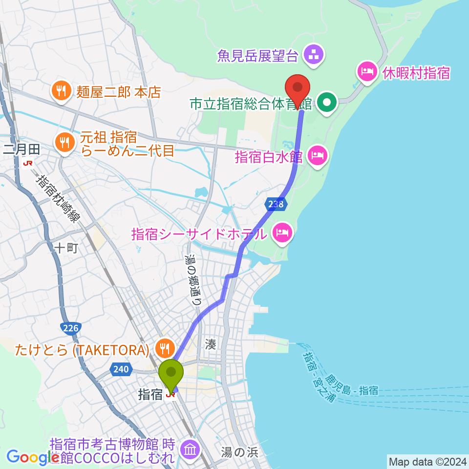 指宿駅から新川床マリン球場へのルートマップ地図