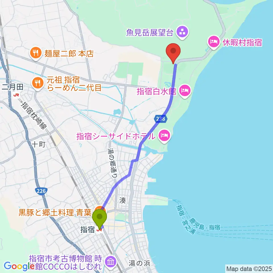 指宿駅から新川床マリン球場へのルートマップ地図