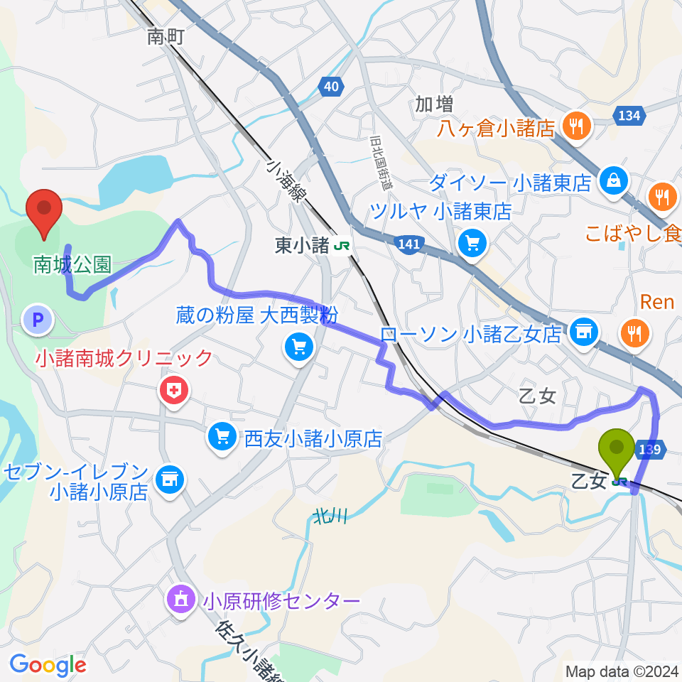 乙女駅から大栄小諸球場へのルートマップ地図