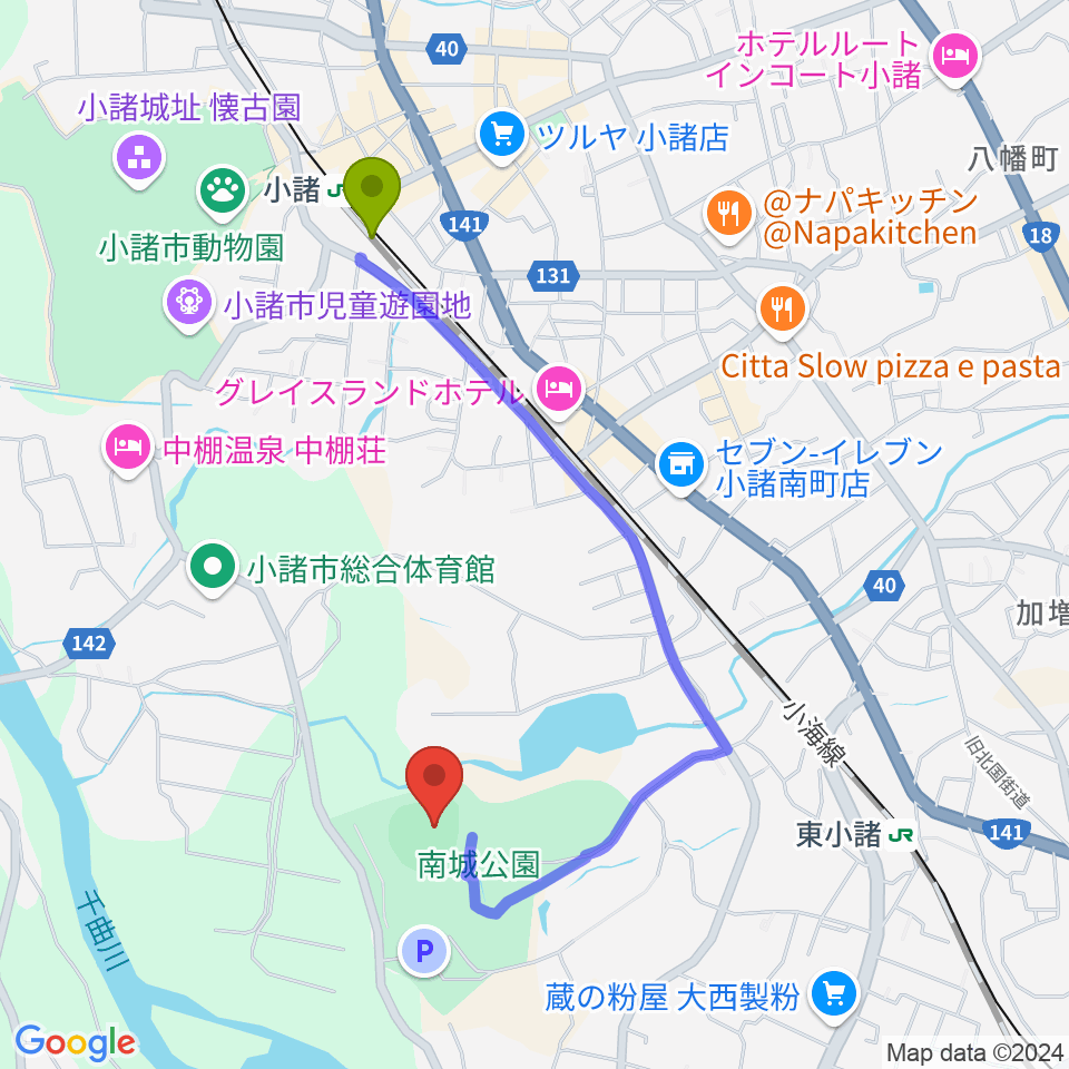 小諸駅から大栄小諸球場へのルートマップ地図