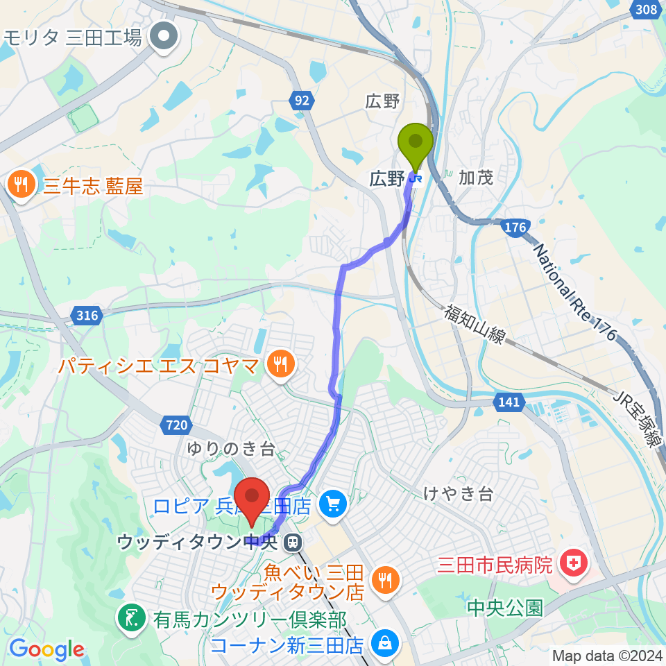 広野駅から親和学園駒ケ谷野球場へのルートマップ地図