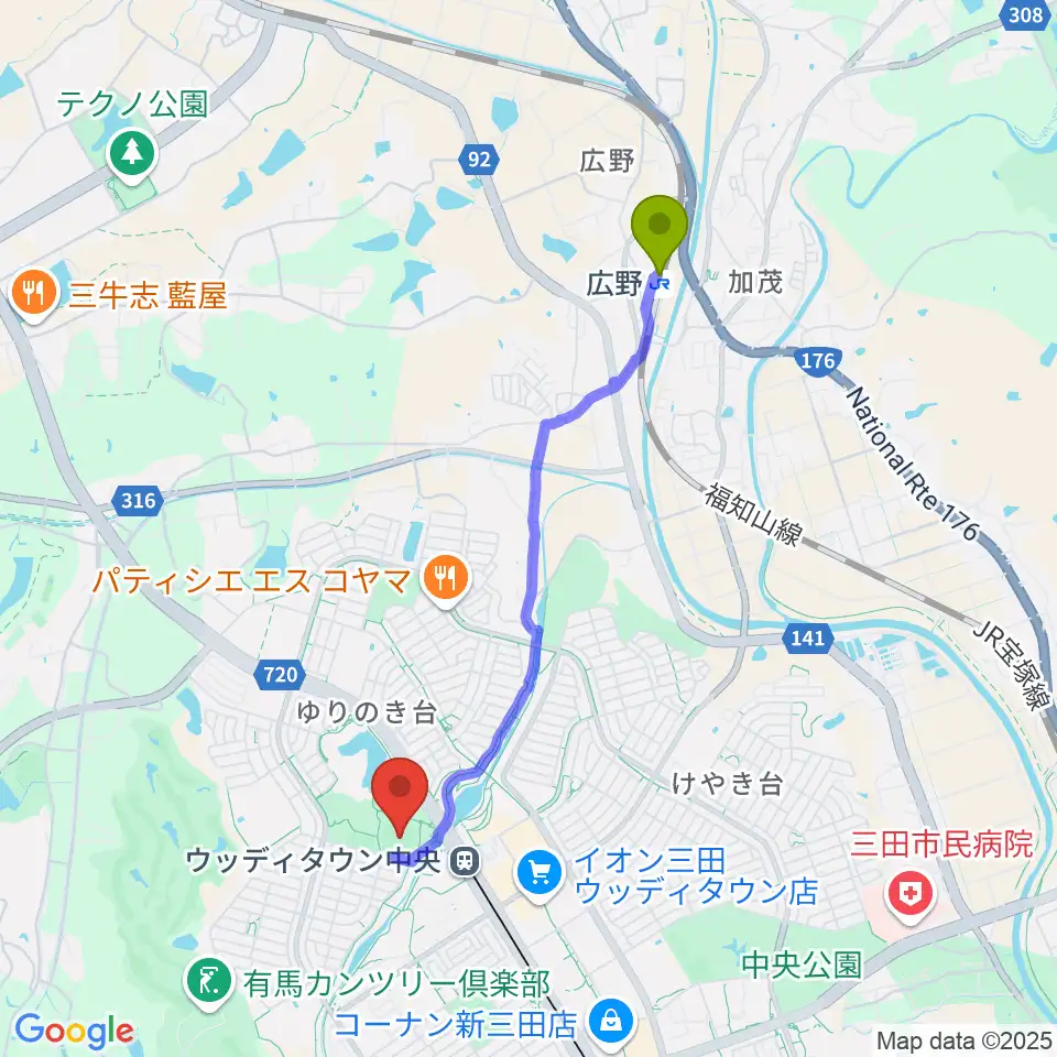 広野駅から親和学園駒ケ谷野球場へのルートマップ地図