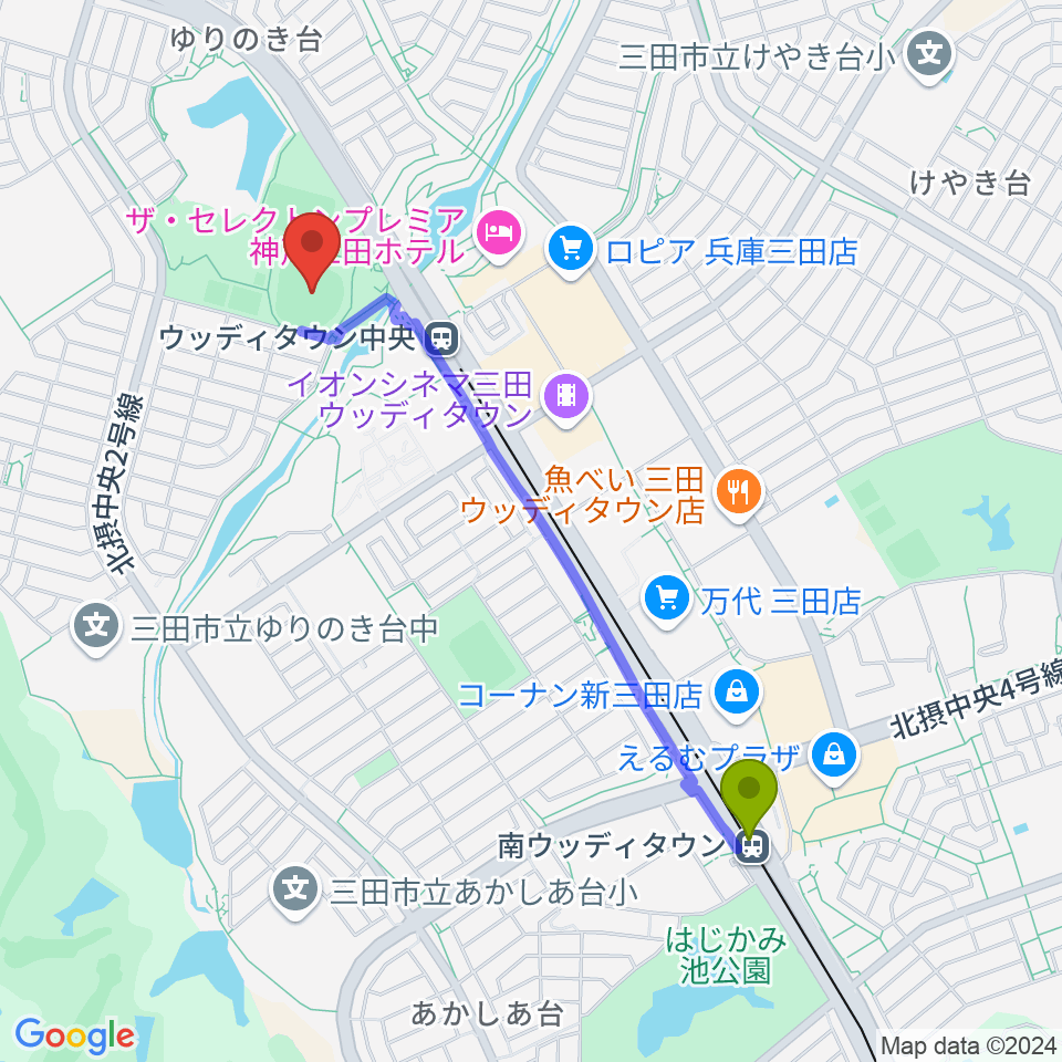 南ウッディタウン駅から親和学園駒ケ谷野球場へのルートマップ地図