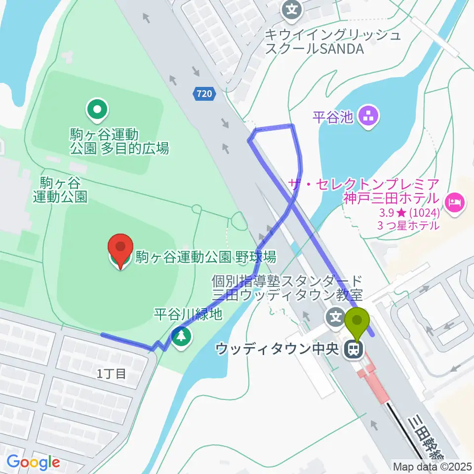 親和学園駒ケ谷野球場の最寄駅ウッディタウン中央駅からの徒歩ルート（約4分）地図