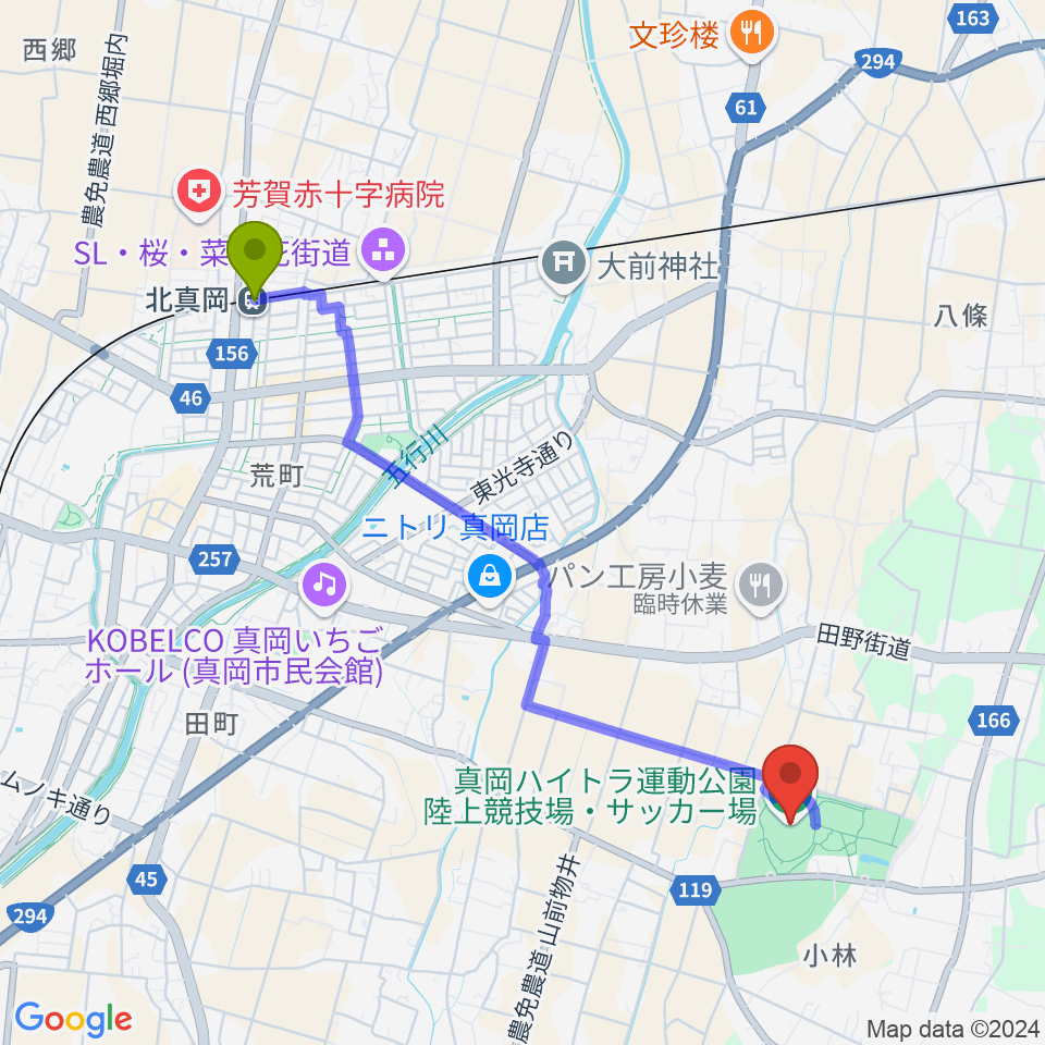 北真岡駅から真岡ハイトラ運動公園陸上競技場へのルートマップ地図