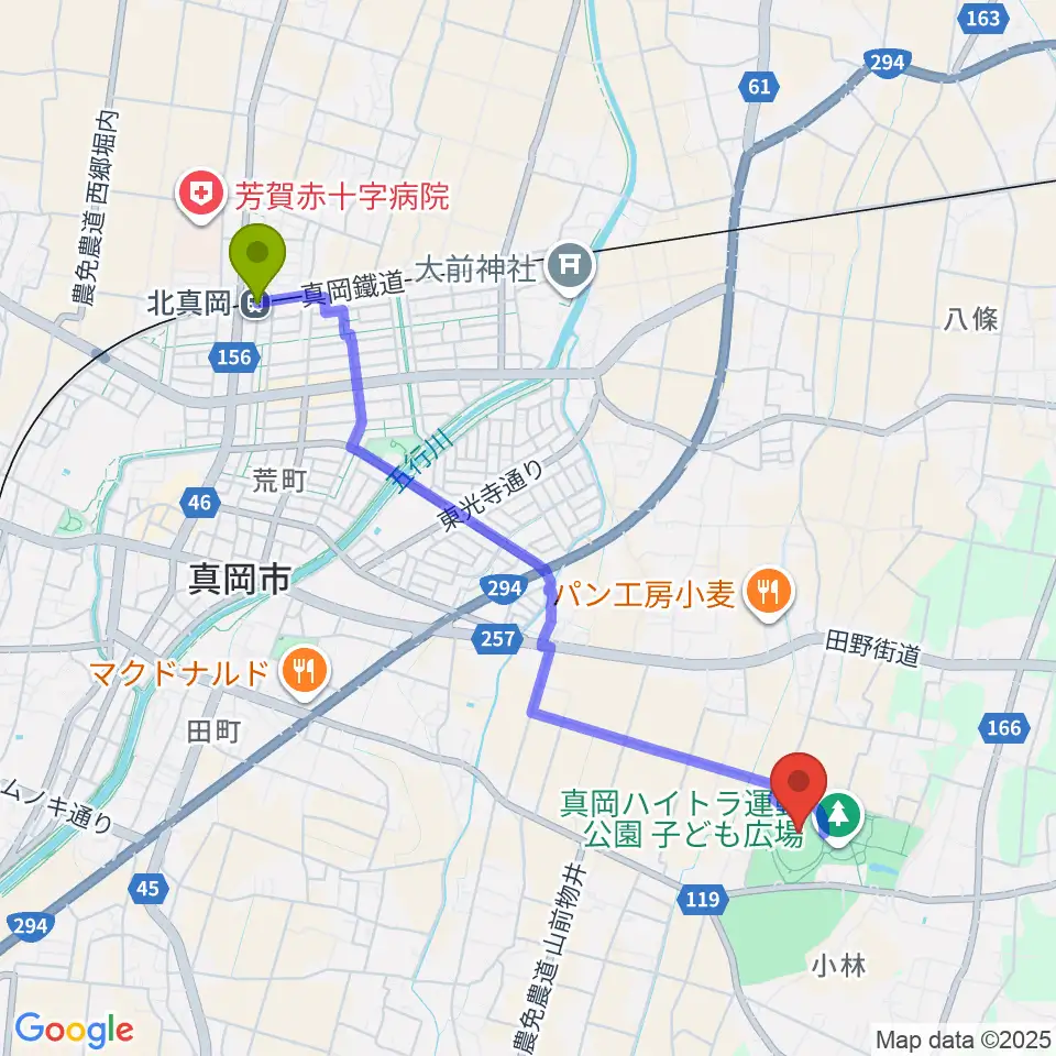 北真岡駅から真岡ハイトラ運動公園陸上競技場へのルートマップ地図
