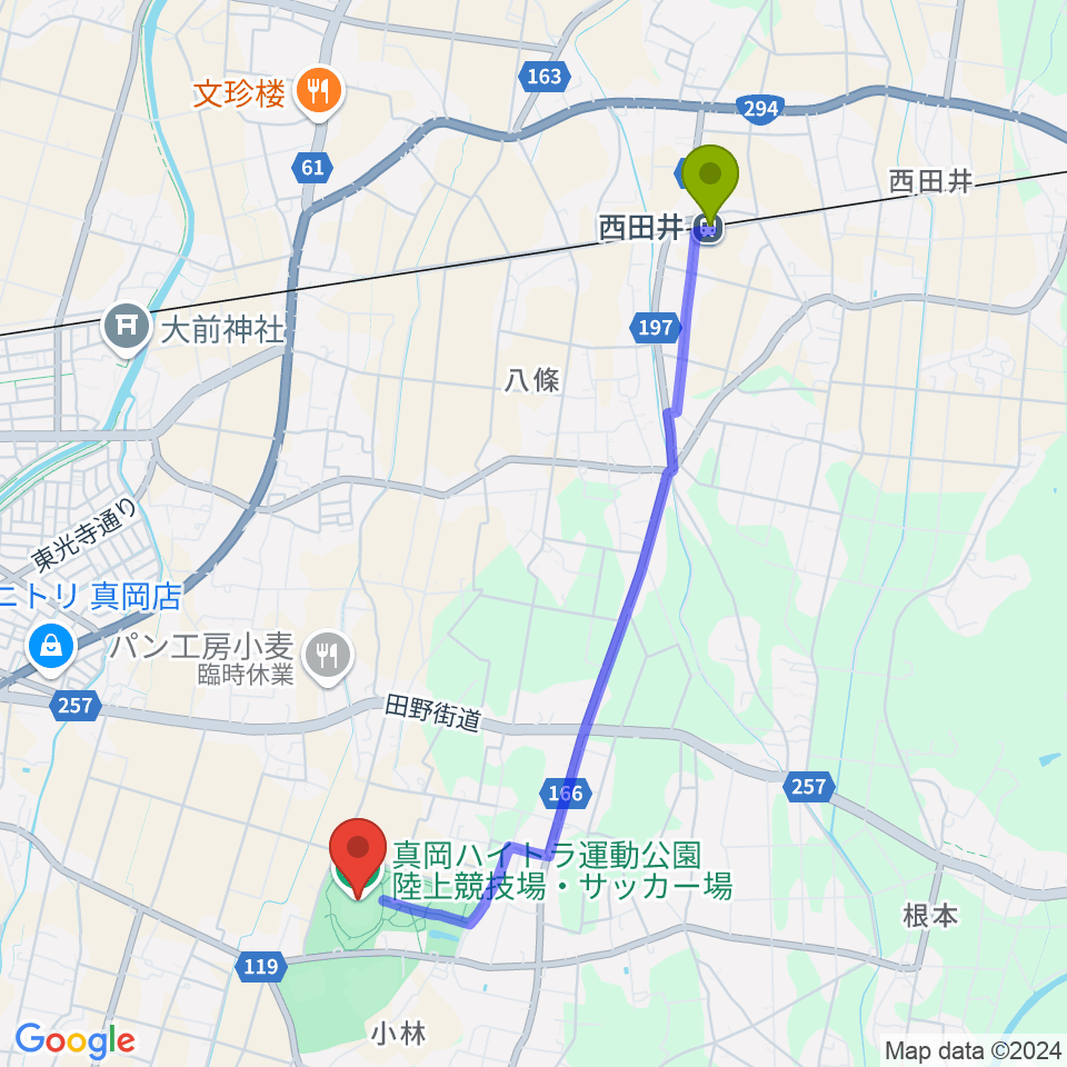 真岡ハイトラ運動公園陸上競技場の最寄駅西田井駅からの徒歩ルート（約44分）地図