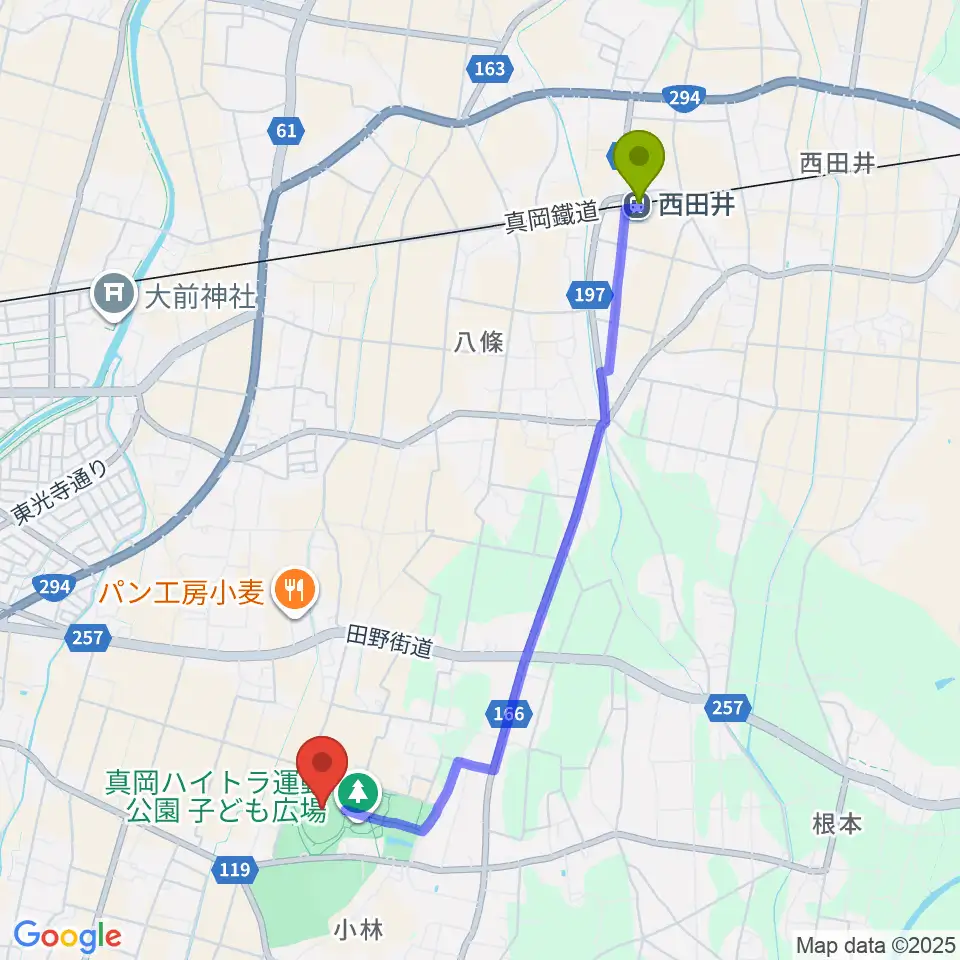 真岡ハイトラ運動公園陸上競技場の最寄駅西田井駅からの徒歩ルート（約44分）地図