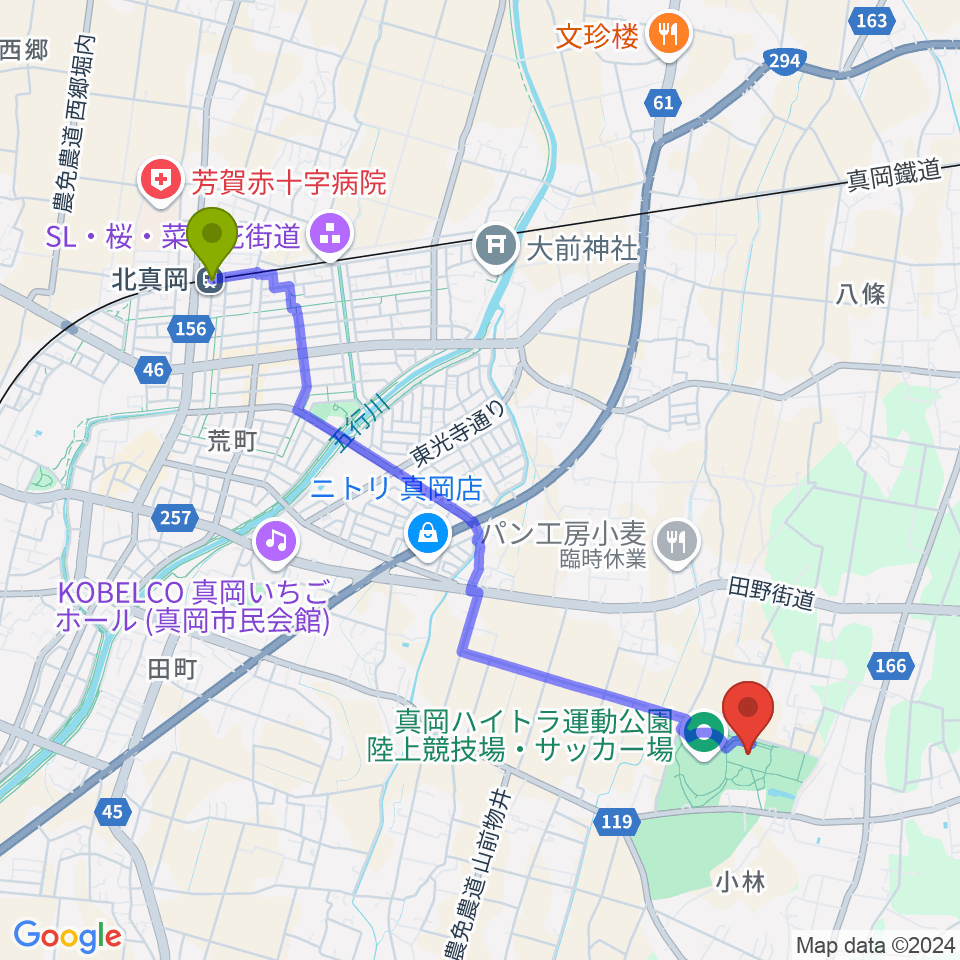 北真岡駅から真岡ハイトラ運動公園多目的運動場へのルートマップ地図