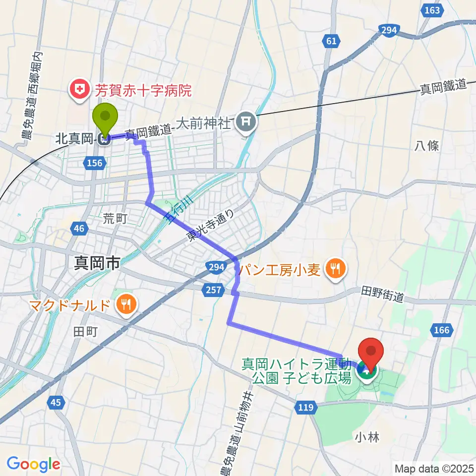 北真岡駅から真岡ハイトラ運動公園多目的運動場へのルートマップ地図