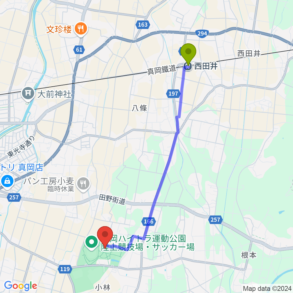 真岡ハイトラ運動公園多目的運動場の最寄駅西田井駅からの徒歩ルート（約42分）地図