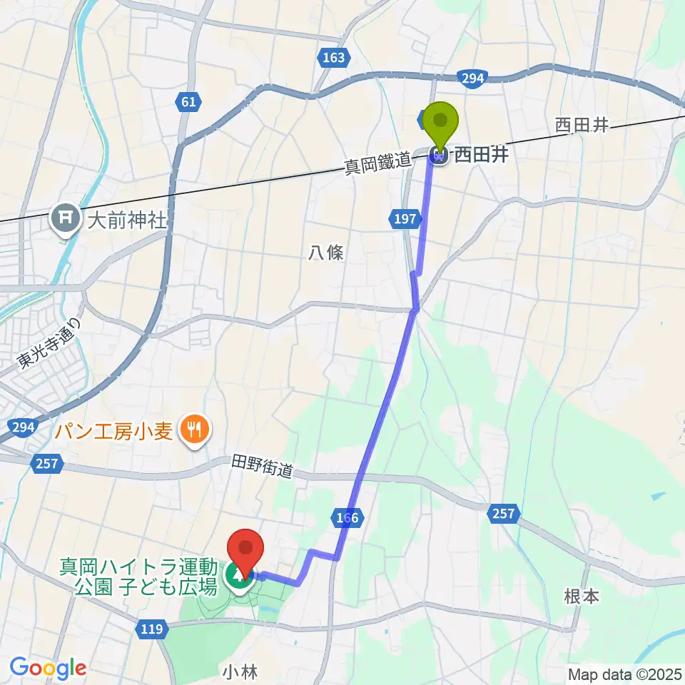 真岡ハイトラ運動公園多目的運動場の最寄駅西田井駅からの徒歩ルート（約42分）地図