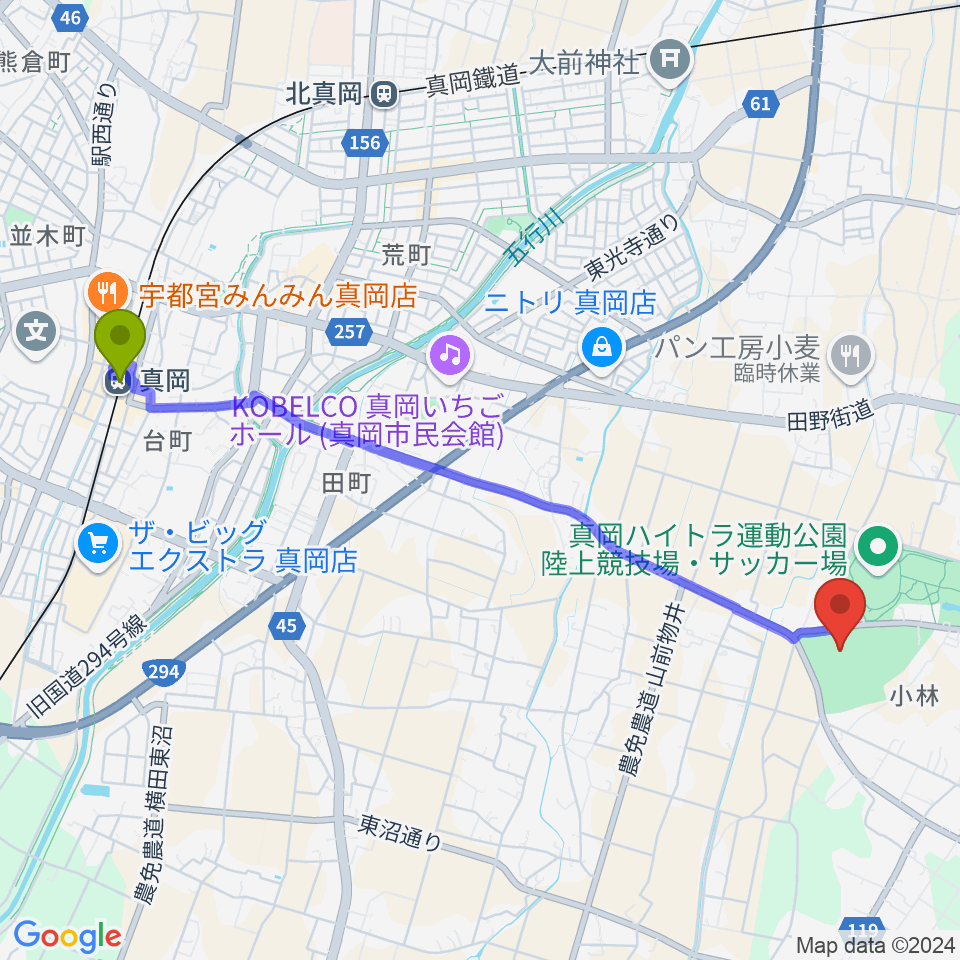 真岡駅から真岡ハイトラ運動公園運動広場1へのルートマップ地図