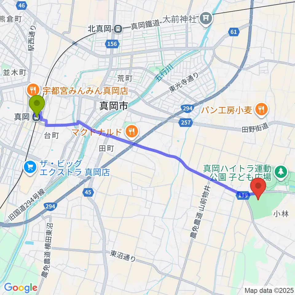 真岡駅から真岡ハイトラ運動公園運動広場1へのルートマップ地図