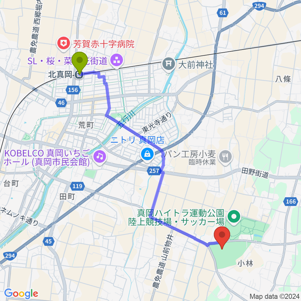 真岡ハイトラ運動公園運動広場1の最寄駅北真岡駅からの徒歩ルート（約46分）地図