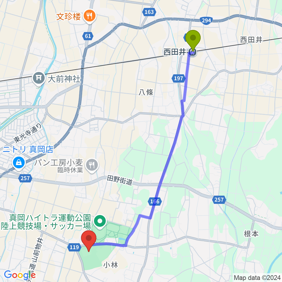 西田井駅から真岡ハイトラ運動公園運動広場1へのルートマップ地図