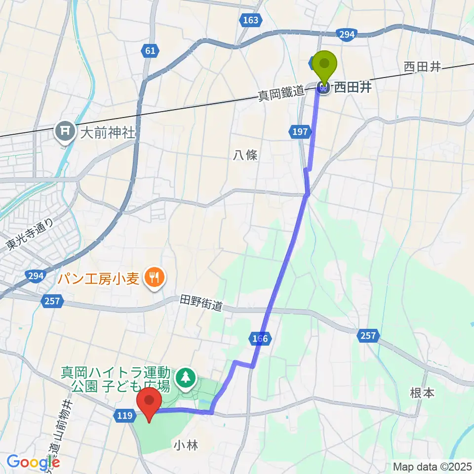西田井駅から真岡ハイトラ運動公園運動広場1へのルートマップ地図