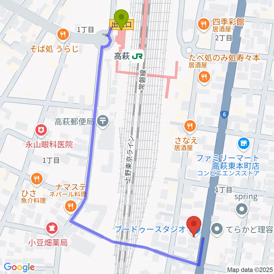 Voodoo Studioの最寄駅高萩駅からの徒歩ルート（約6分）地図