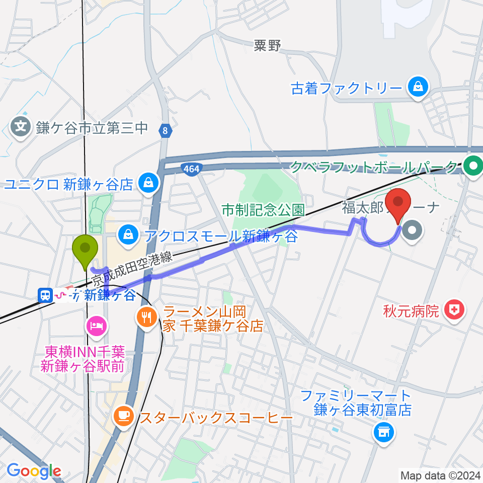 福太郎スタジアムの最寄駅新鎌ヶ谷駅からの徒歩ルート（約20分）地図