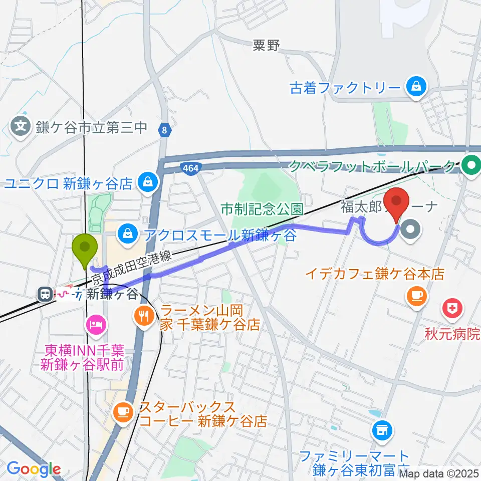 福太郎スタジアムの最寄駅新鎌ヶ谷駅からの徒歩ルート（約20分）地図