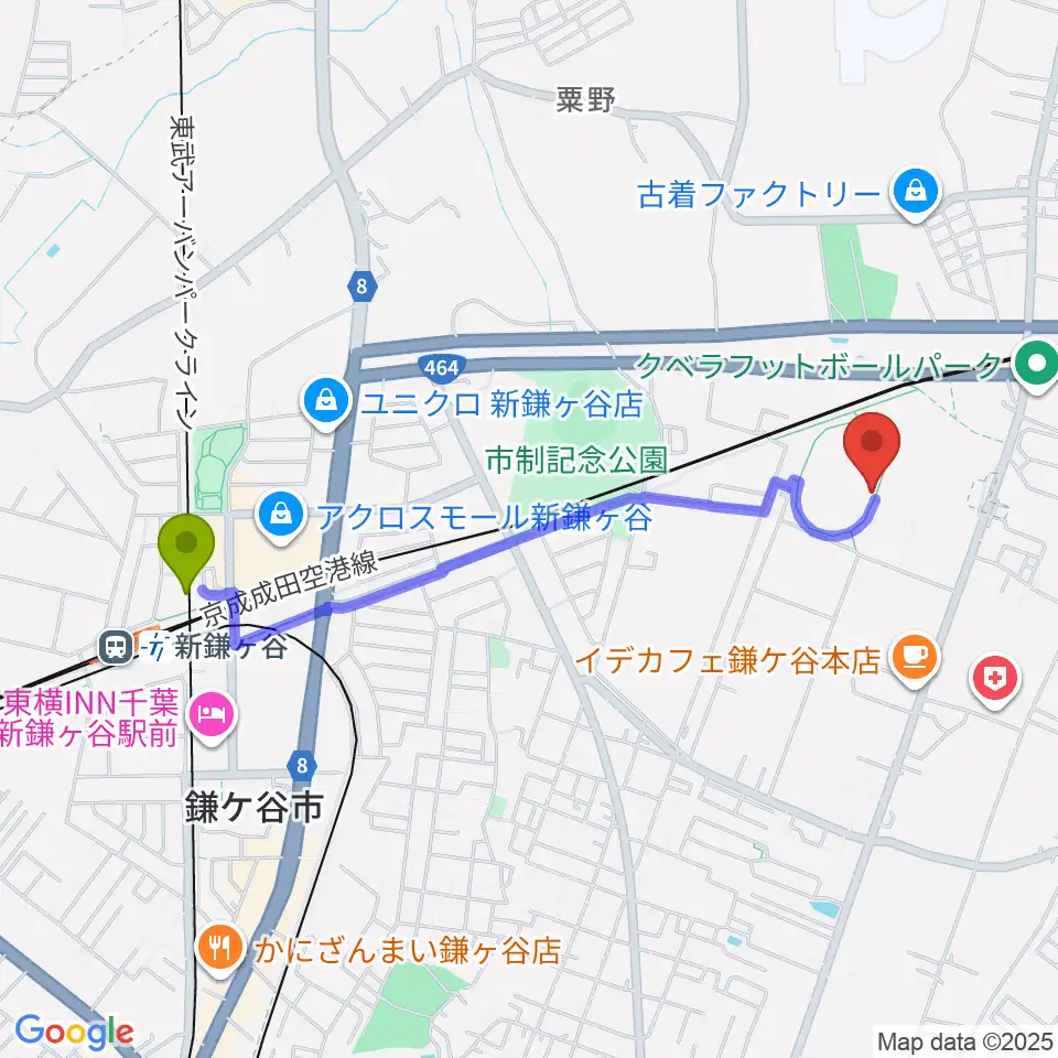 福太郎スタジアムの最寄駅新鎌ヶ谷駅からの徒歩ルート（約20分）地図