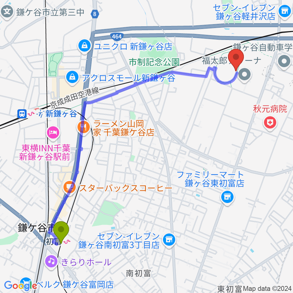 初富駅から福太郎スタジアムへのルートマップ地図