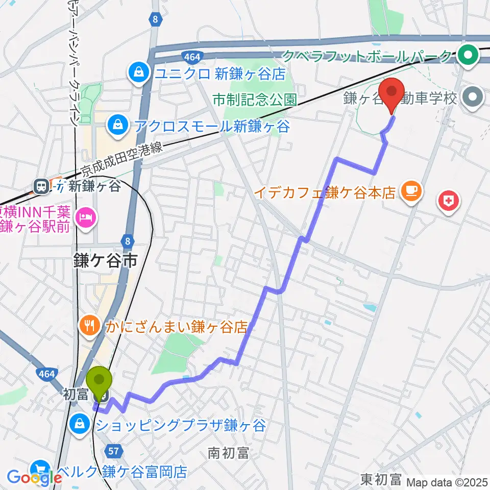 初富駅から福太郎スタジアムへのルートマップ地図