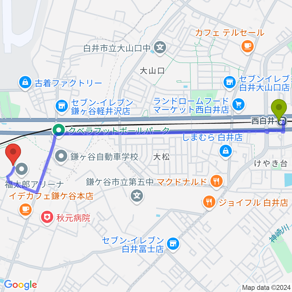 西白井駅から福太郎スタジアムへのルートマップ地図