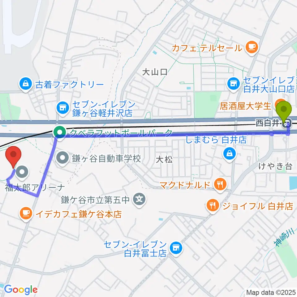 西白井駅から福太郎スタジアムへのルートマップ地図