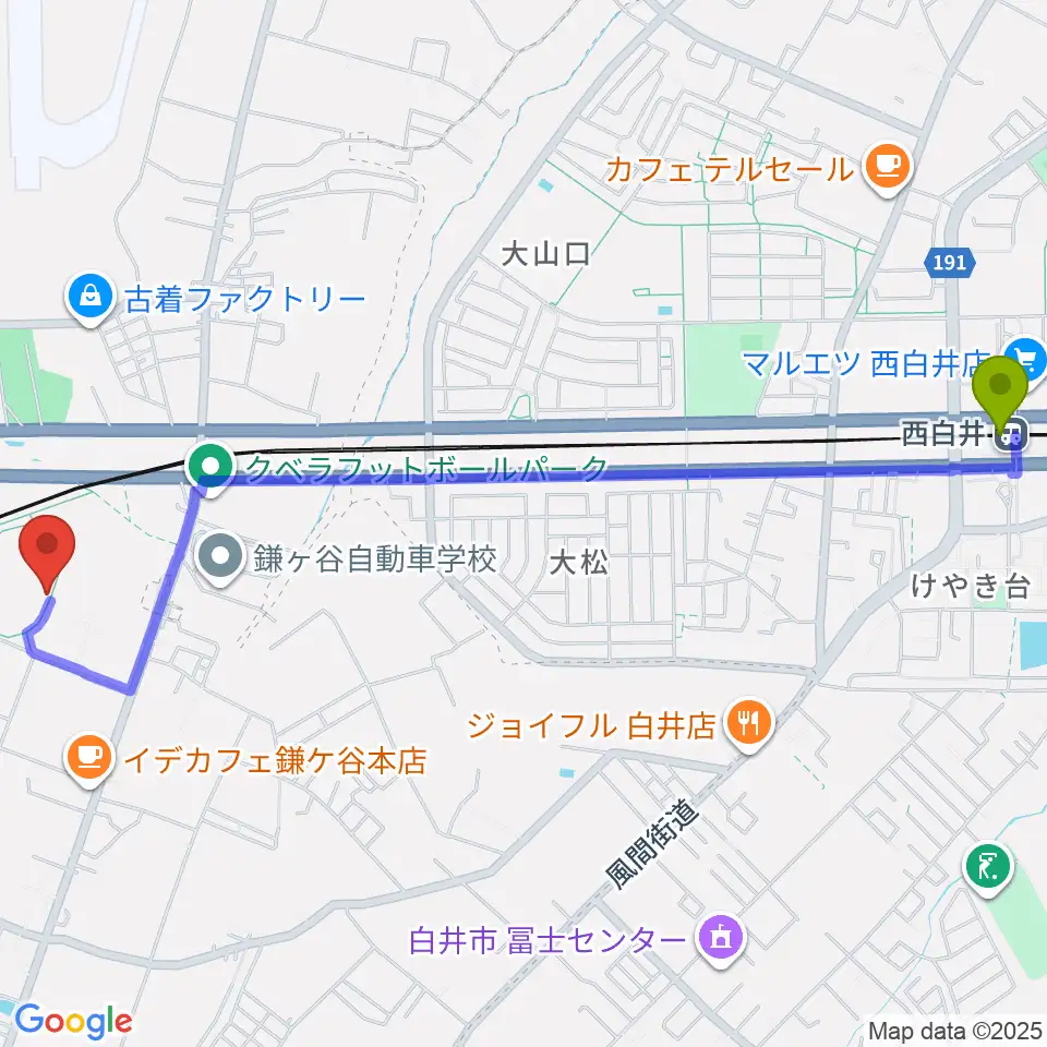 西白井駅から福太郎スタジアムへのルートマップ地図