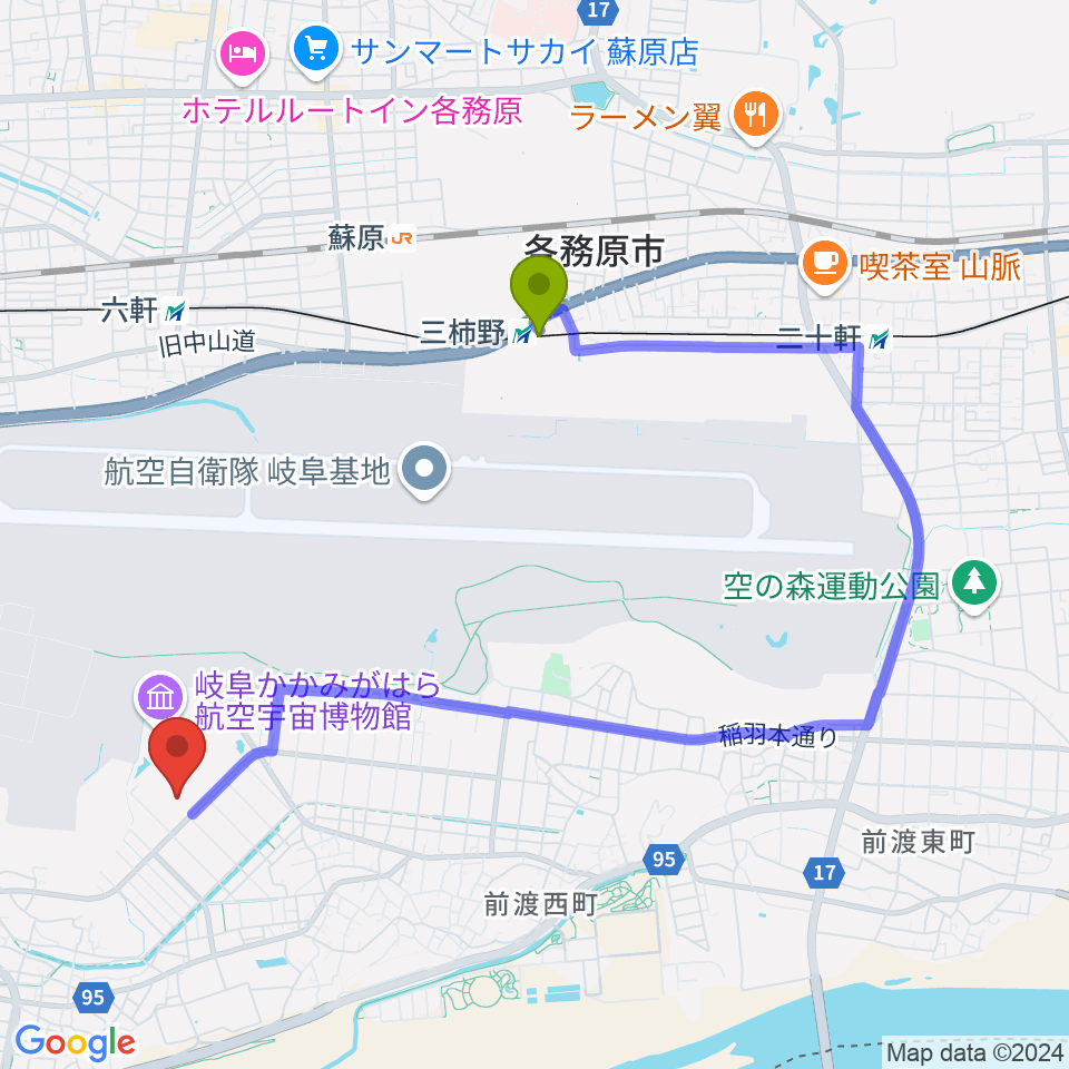 三柿野駅から川崎重工ホッケースタジアムへのルートマップ地図