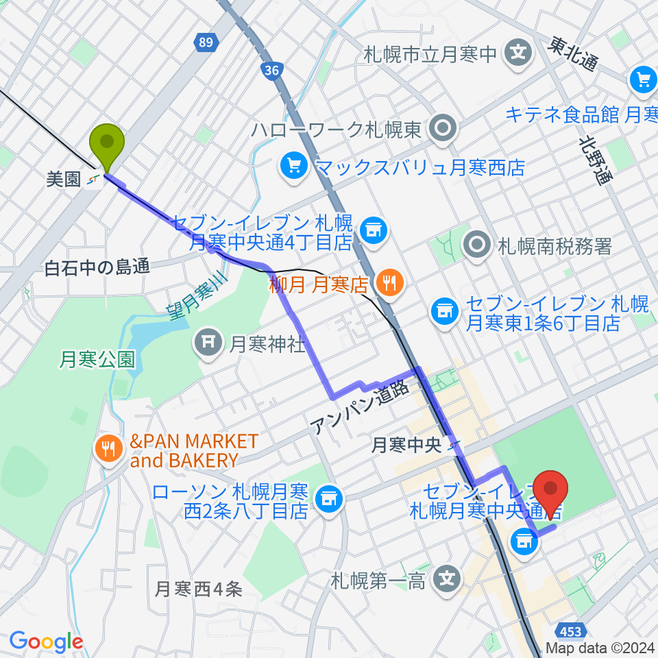 美園駅からどうぎんカーリングスタジアムへのルートマップ地図