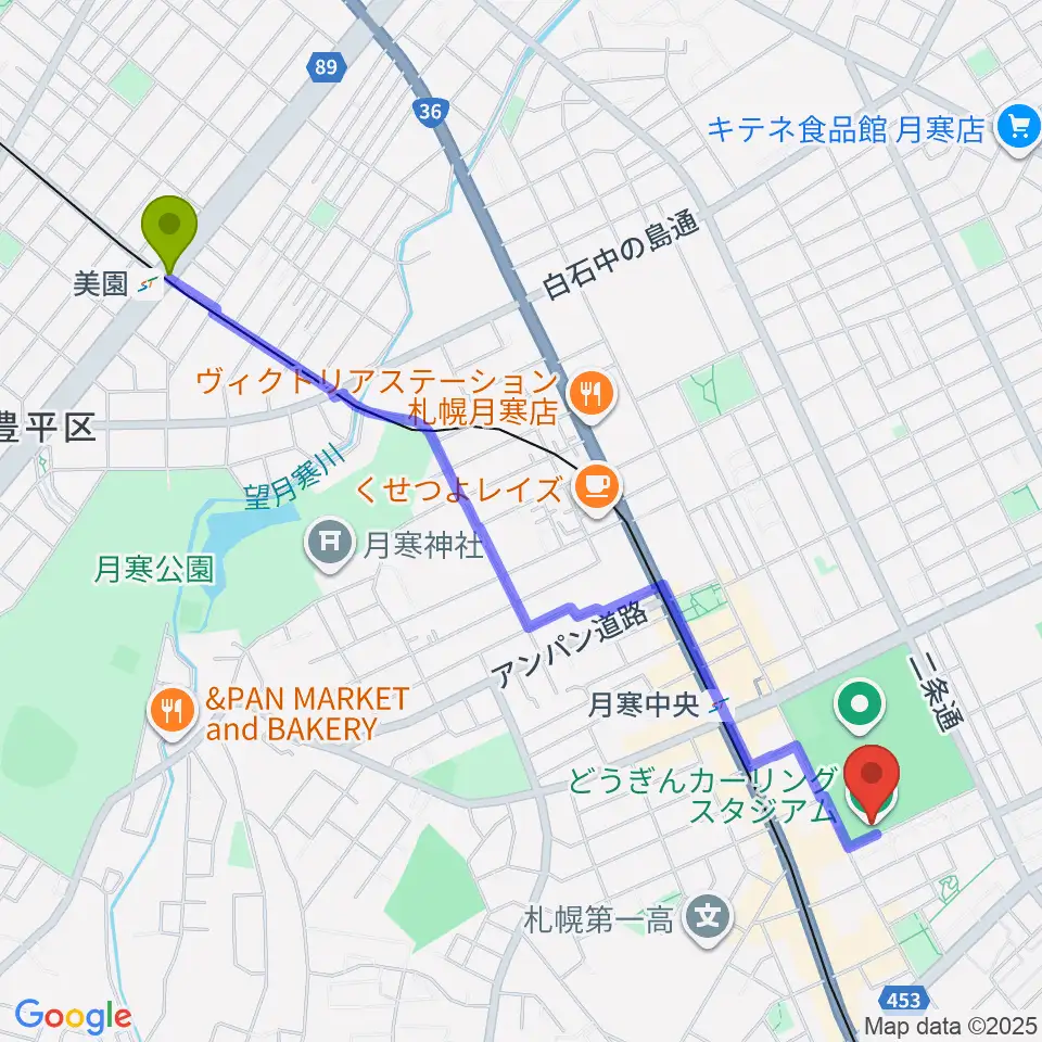 美園駅からどうぎんカーリングスタジアムへのルートマップ地図