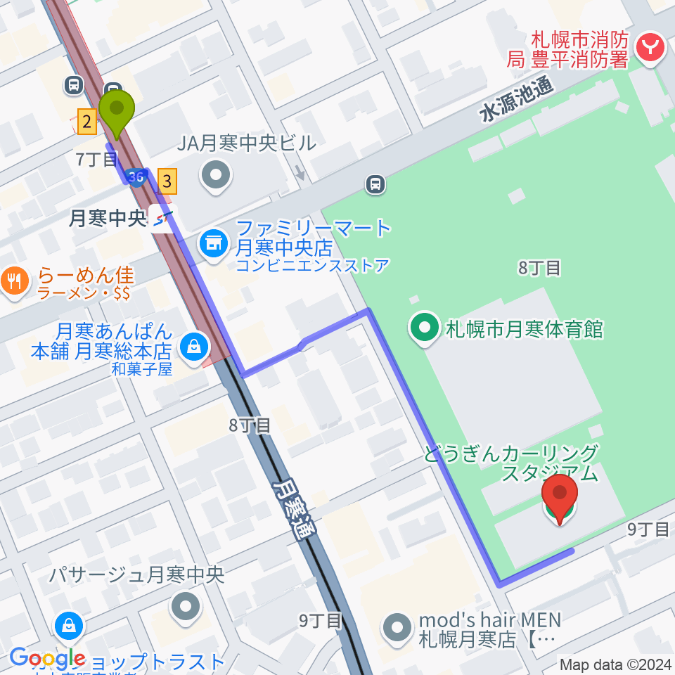 どうぎんカーリングスタジアムの最寄駅月寒中央駅からの徒歩ルート（約6分）地図