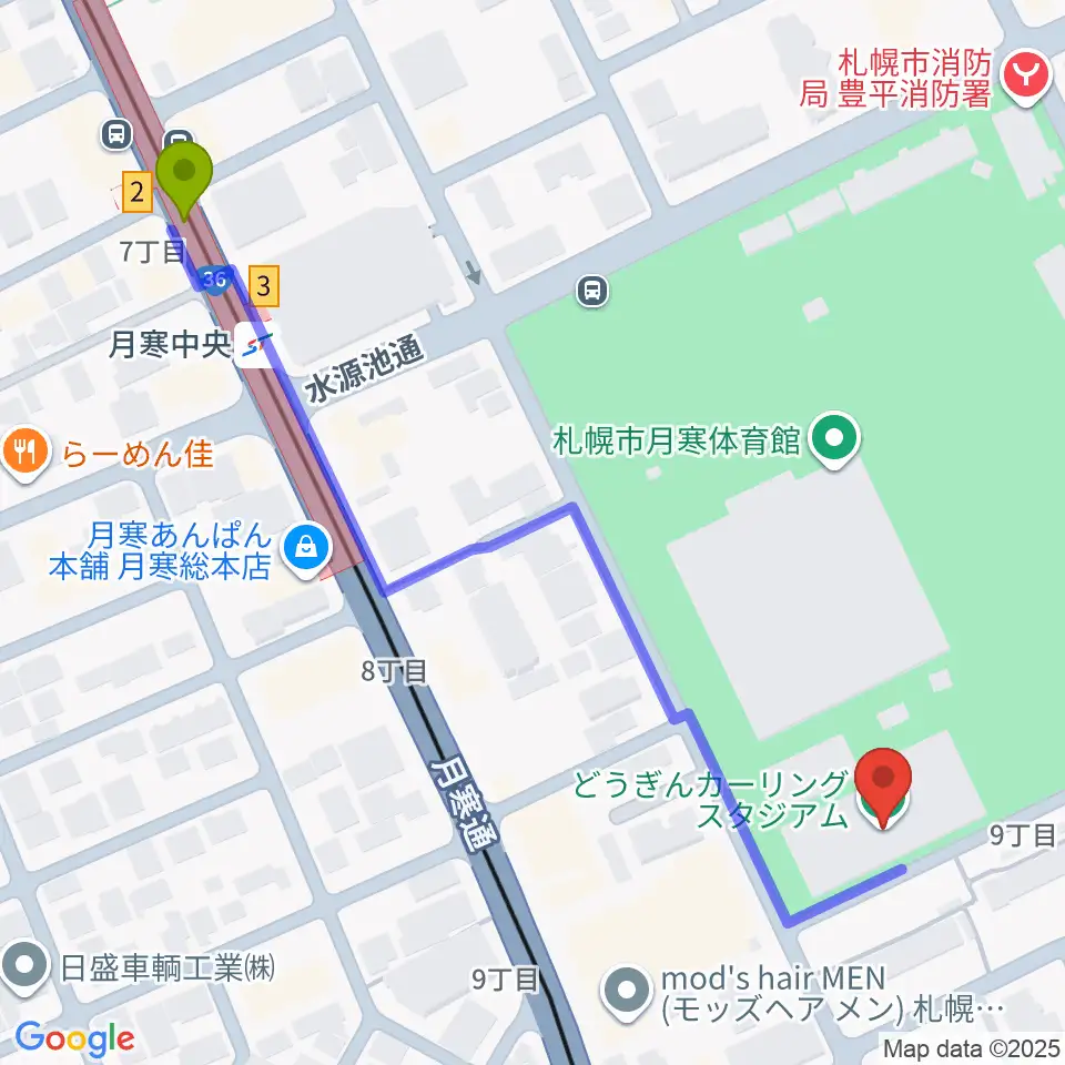 どうぎんカーリングスタジアムの最寄駅月寒中央駅からの徒歩ルート（約6分）地図