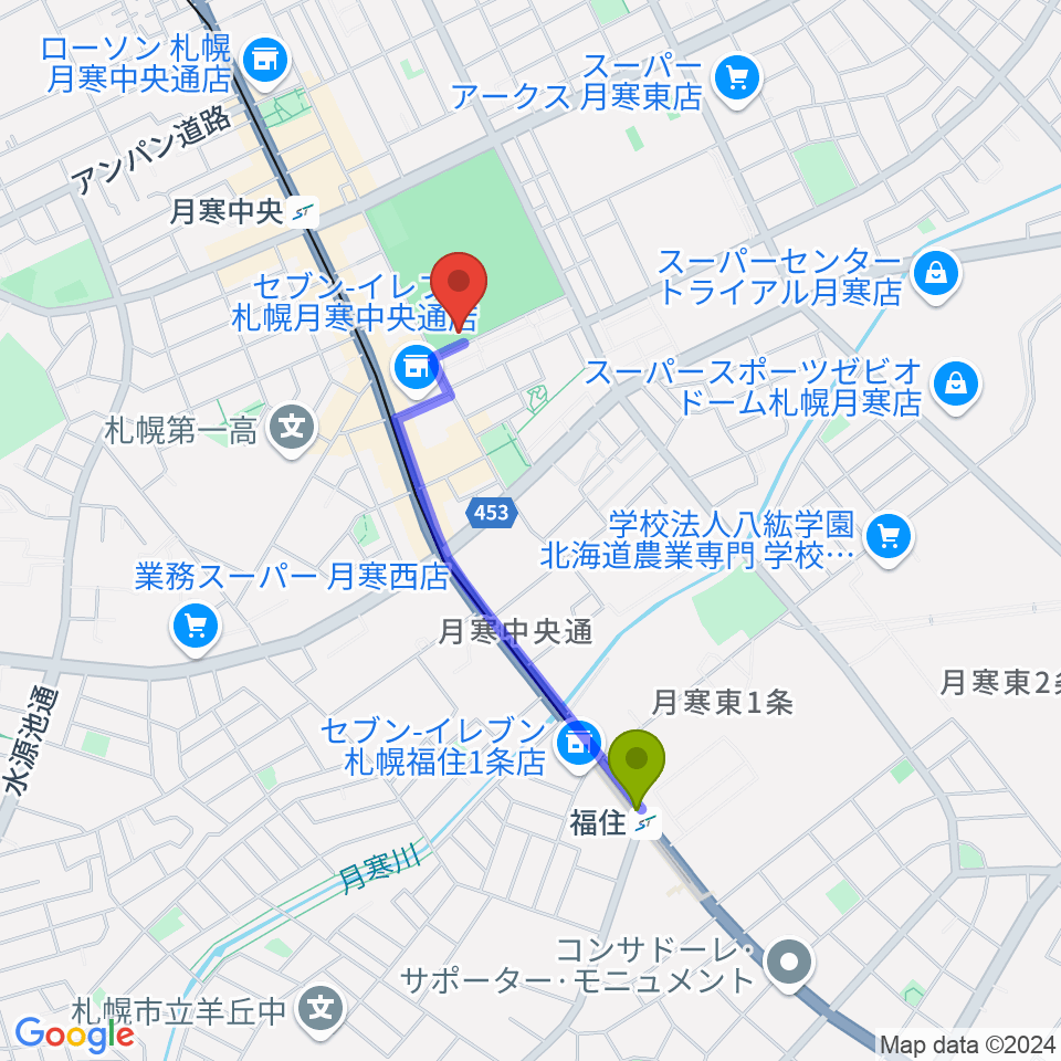 福住駅からどうぎんカーリングスタジアムへのルートマップ地図