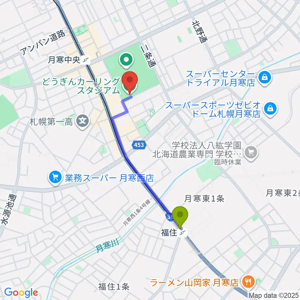 福住駅からどうぎんカーリングスタジアムへのルートマップ地図