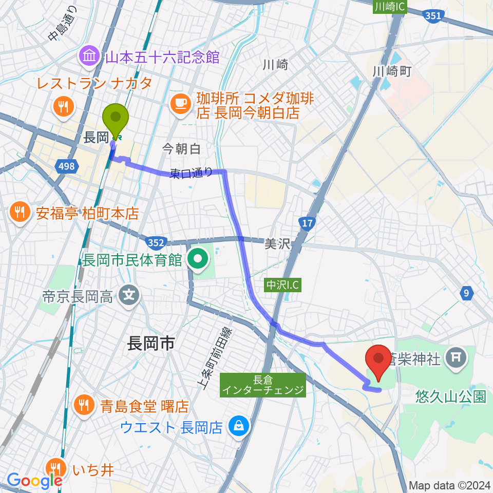 ダイエープロビスフェニックスプールの最寄駅長岡駅からの徒歩ルート（約44分）地図