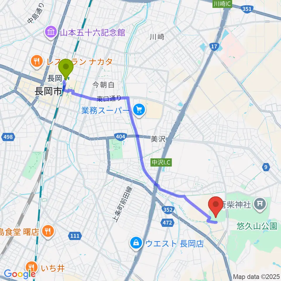 ダイエープロビスフェニックスプールの最寄駅長岡駅からの徒歩ルート（約44分）地図